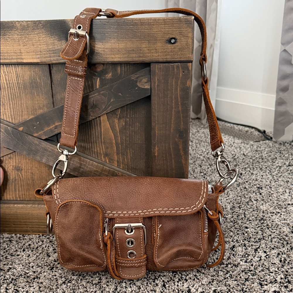 Roots Brown Leather Mini Shoulder Bag with Buckle Detail
